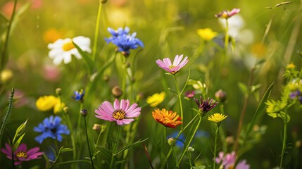 Close-Up of Delicate Wildflowers Blooming in a Meadow at Sunset