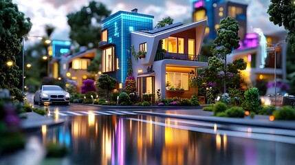 Naklejka premium modern smart home night scene, cityscape - smart home technology