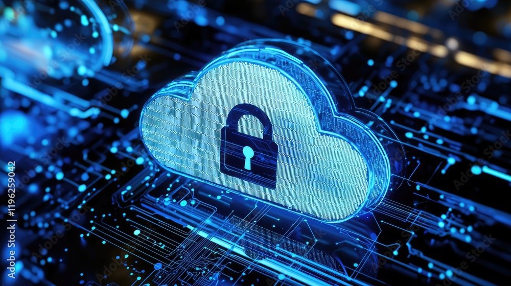 Poster a glowing blue cloud with a padlock icon amidst intricate digital circuits symbolizes secure cloud t