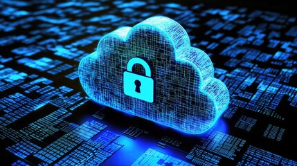 A glowing digital cloud with a padlock icon sits on a grid of data blocks, symbolizing secure cloud technology. Ideal for cybersecurity, data storage, and IT solutions