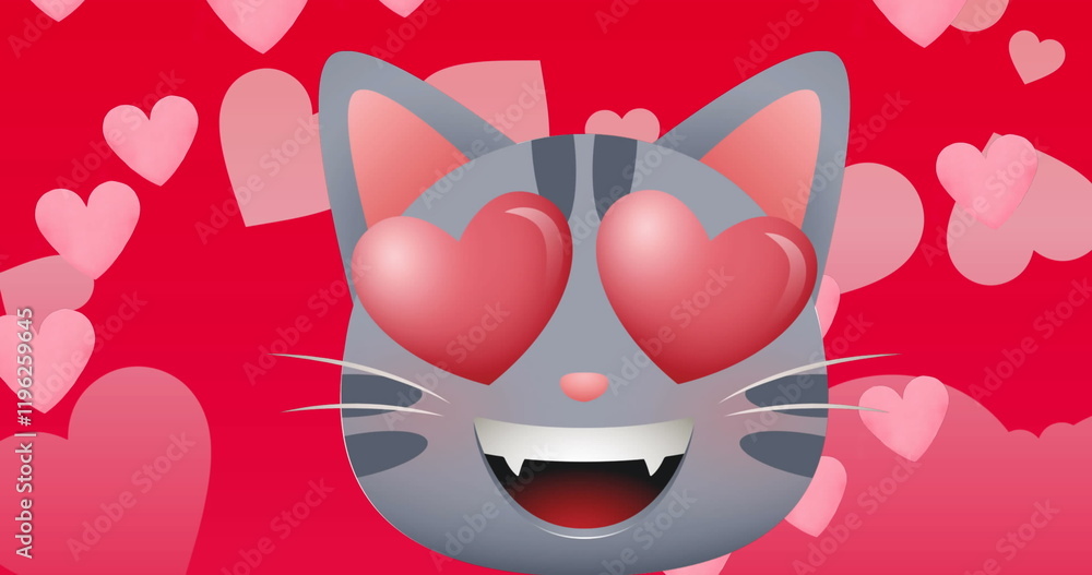 Poster image of red hearts icons floating and cat on red background