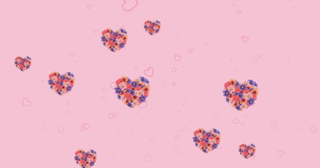 Image of red hearts and flowers icons floating on pink background