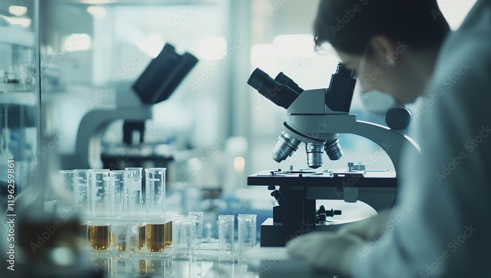 Poster scientist uses microscope to analyze samples in a laboratory setting carefully