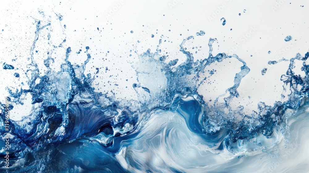 Poster artistic abstraction of water splash and ripples, dynamically captured on a crisp white background.