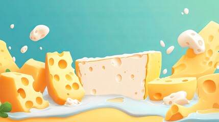 Delicious Array of Fresh Cheese Varieties Surrounded by Creamy Milk and Artistic Splash of Dairy