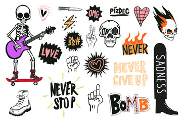 Vibrant collection of punk-themed elements: skeletons, skulls, bold text, and symbols like hearts, fists, and flames in a lively, colorful style. Grunge style. Vector illustration