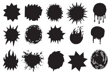 Vector collection of various grunge black splatter and burst shapes, including stars, circles, and drips, arranged in a grid pattern