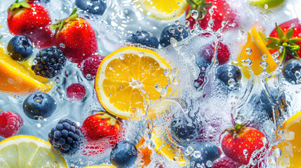 Vibrant Medley of Berries and Citrus Fruits in Refreshing Splash