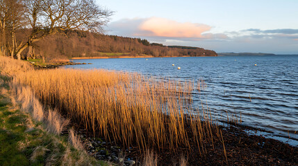 Fototapeta premium A lake with a shoreline of tall grass. generated by AI