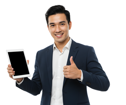 Attractive businessman smiling, holding a tablet and giving a thumbs up gesture.