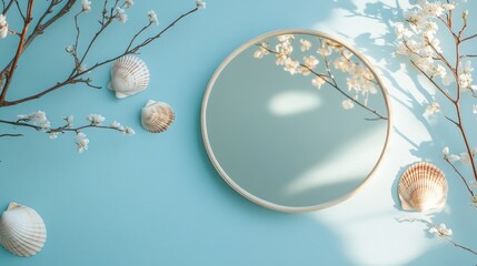 Clean and calming setup of a round mirror, shells, and delicate branches on a blue surface
