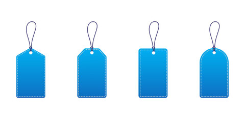 Set of blue paper price tags or gift tags. Paper labels with cord. Blank tags for luggage and gift cards. Isolated paper tags or price tags set. Flat vector design.