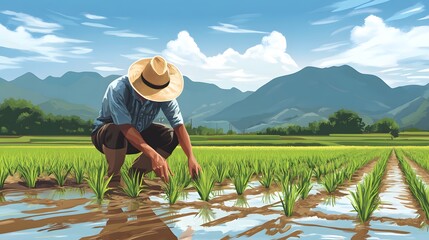 A farmer is planting rice in the field, with a beautiful view of the mountains