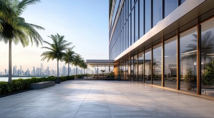Modern rooftop terrace, city skyline sunrise, palm trees, patio