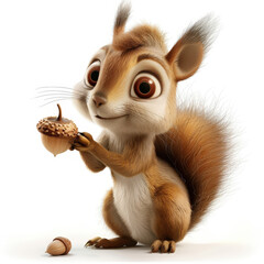 Obraz premium Cute Cartoon Squirrel Holding an Acorn with Bushy Tail and Happy Smile