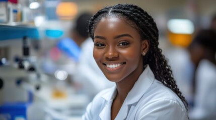 Smiling medical professional in a laboratory setting, engaged in research with colleagues in the background