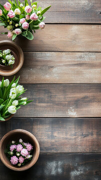Fototapeta serving table in spring style fresh flowers top view with space for text