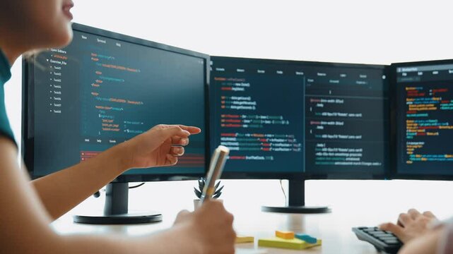 Slow motion back end software developer engineer for computer programming working together on debugging writing computing code, solving complex algorithms display on monitor in office. Burgeoning