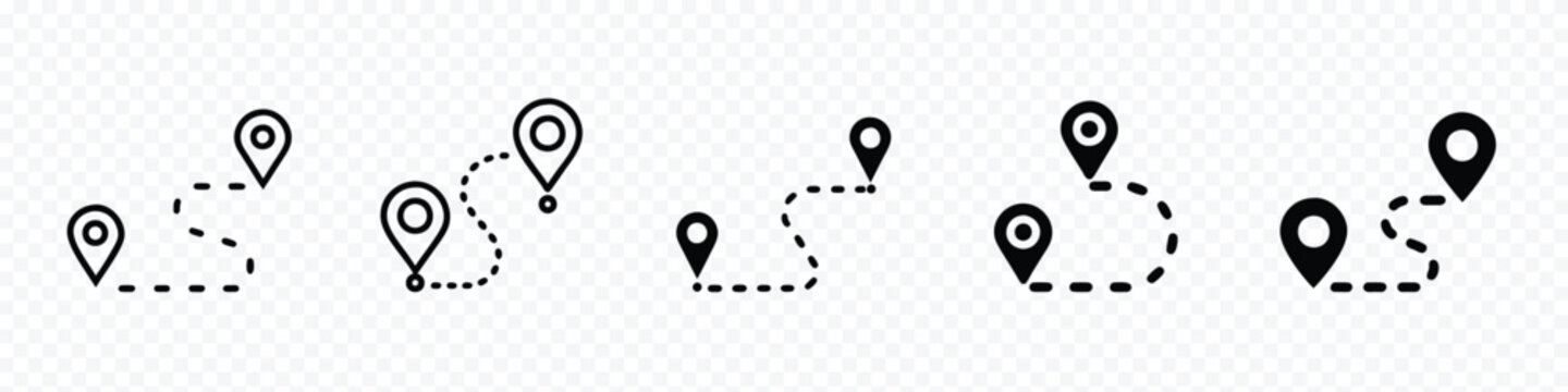 Route Optimization line icon, Route icon between two points with dotted path and location pin. Route location icon