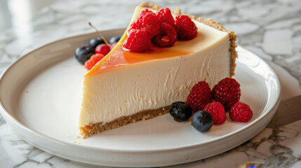 Decadent Slice of New York Style Cheesecake with Fresh Berries