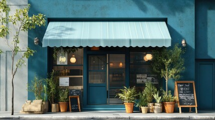 Cozy blue storefront with a bold awning and potted plants lining the entrance, ideal for urban lifestyle and small business concepts