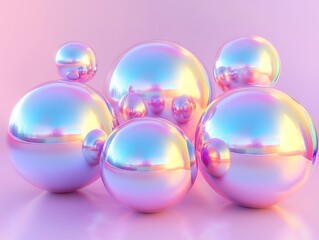 Group of iridescent spheres on pink background. Shiny and pastel colors.