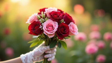 Obraz premium Beautiful bouquet of pink and red roses in the hands of a woman wearing lace gloves, symbolizing love and romance or Valentine's Day.