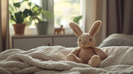 Soft velveteen rabbit toy resting on a cozy blanket in a serene and inviting indoor setting. Velvetfern. Illustration