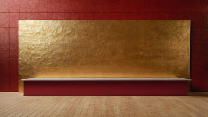 A vintage empty room with wooden walls, parquet floor, and patterned wallpaper red and gold wall for Chinses 