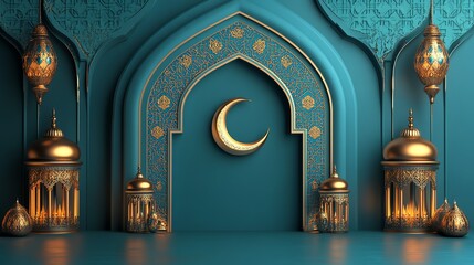 Elegant Teal Islamic Archway with Golden Lanterns and Crescent Moon