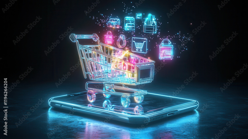 Poster dynamic 3d shopping cart appears smartphone, surrounded by colorful holographic icons representing v