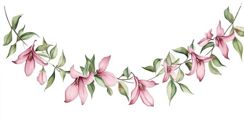 Fototapeta premium Watercolor Pink Flowers, Green Leaves Branch, Botanical Illustration, Floral Design, Elegant Arrangement, Nature Artwork, Pretty Blossom, Delicate Flowers, Spring Blooms, Romantic Decor