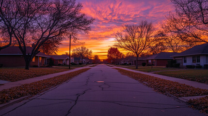 A suburban atmosphere little town evening sunset golden light quiet street Quiet Suburban town in winter eerie atmosphere in the evening dark street at night with dim light