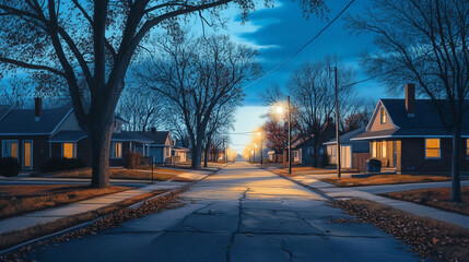 Quiet Suburban town in winter eerie atmosphere in the evening dark street at night with dim light