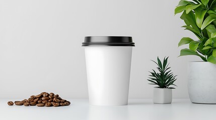 White Coffee Cup Mockup with Coffee Beans and Plants