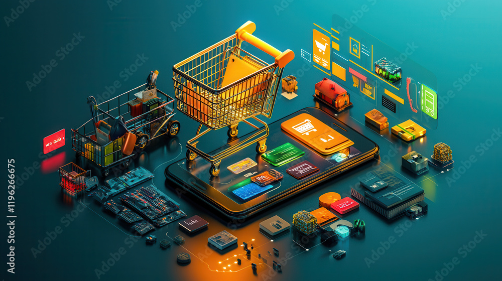 Poster dynamic shopping interface with glowing cart, showcasing various digital elements and shopping featu