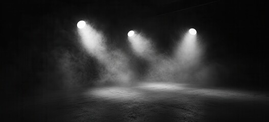 Stage spotlights illuminate smoky dark room