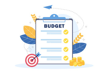 Budget planning or income management concept. Planning sheet with goal and money ornament for business, strategy, finance and accounting budget planning concept. Flat vector illustration.
