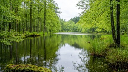 Obraz premium Serene forest landscape with a calm lake reflecting greenery.