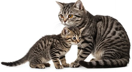 Obraz premium Adorable Tabby Cat Mother and Kitten Close Up Studio Shot White Background Sweet Family Pet Animals Wildlife 