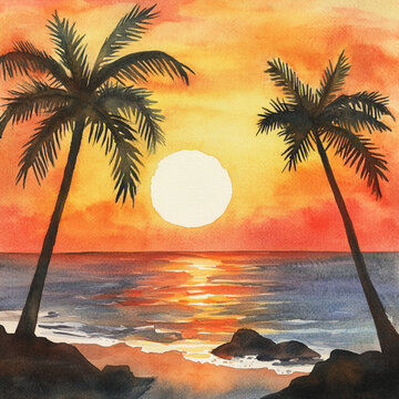 Paintings Of Sunsets With Palm Trees