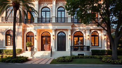 Fototapeta premium Magnificent Mediterranean-Style Mansion: Luxury Home Exterior, Elegant Architecture, and Landscaping