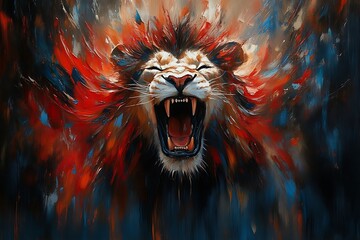Roaring lion in vibrant, abstract paint style.