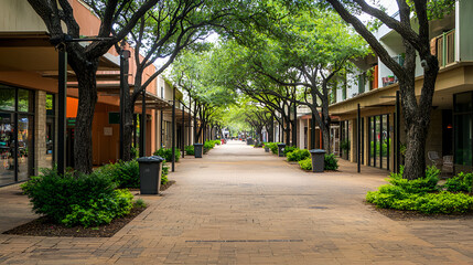 Obraz premium Tranquil tree-lined shopping street, early morning, sunlit, peaceful, retail