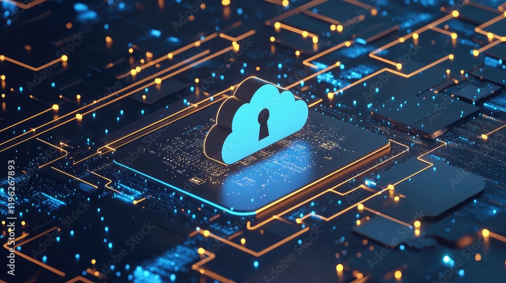 Aufkleber cloud icon with a glowing lock on a futuristic circuit board, symbolizing secure cloud technology. p