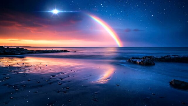 beautiful rainbow on the sea night with falling stars