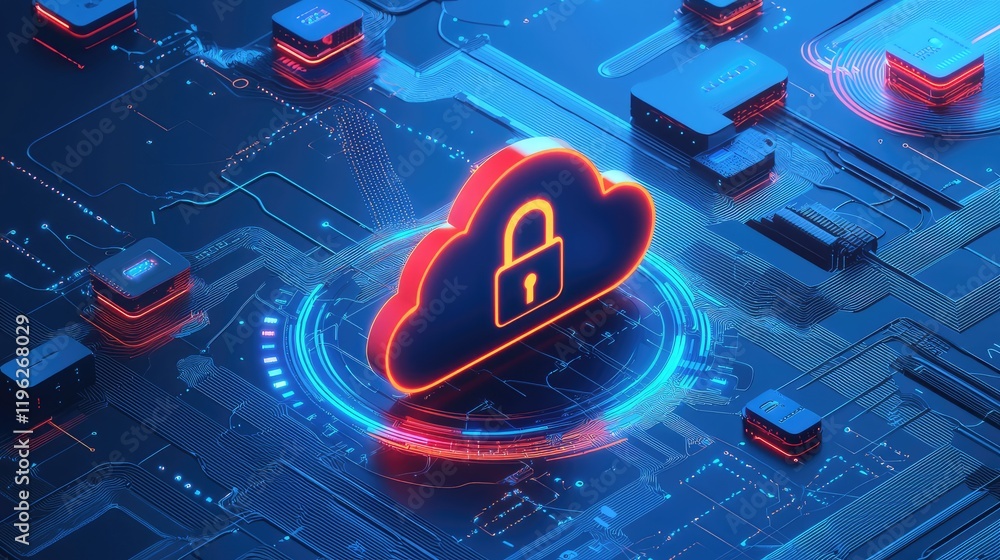 Poster Glowing red cloud with a lock symbol on futuristic circuits, symbolizing secure cloud storage and data protection. Perfect for cybersecurity, cloud computing, and digital safety themes