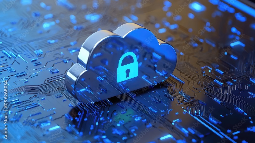 Poster Metallic cloud with a glowing lock icon over a blue circuit board, representing secure cloud computing. Ideal for cybersecurity, data encryption, and tech innovations