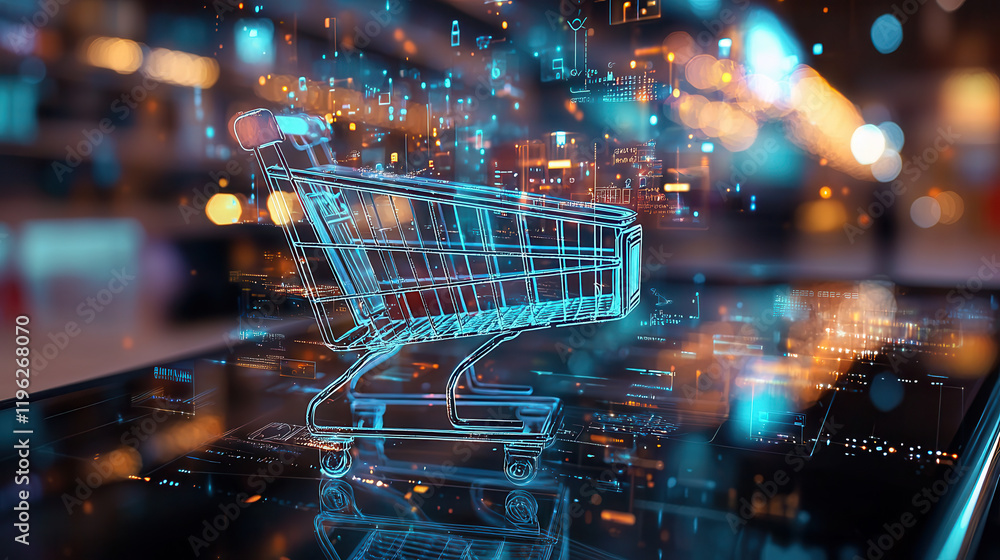 Poster futuristic shopping cart design hovering above digital interface, showcasing advanced technology and