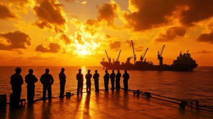Offshore Workers Silhouetted Against a Fiery Sunset